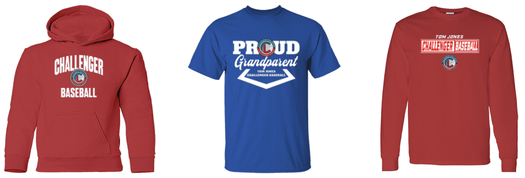 Picture of Tom Jones Challenger League items for sale. Picture of a red hoodie, a blue short-sleeved t-shirt, and a red long-sleeved t-shirt, each with a different design.