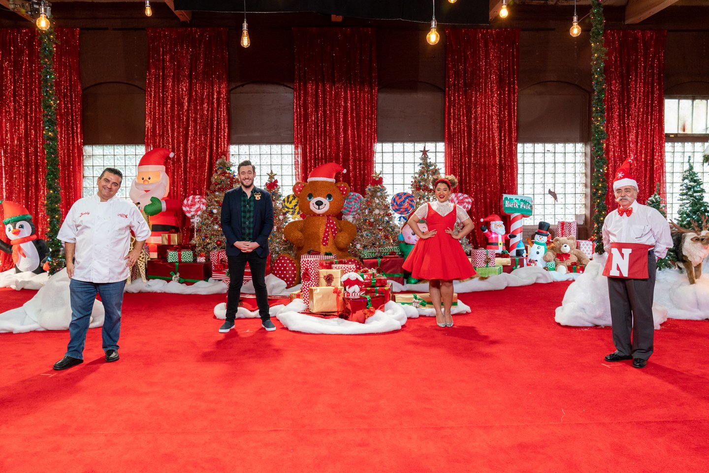  Buddy Valastro with judges Jason Chatfield, Courtney Quinn, and Lou Nasti, as seen on Buddy vs Christmas, Season 1. 