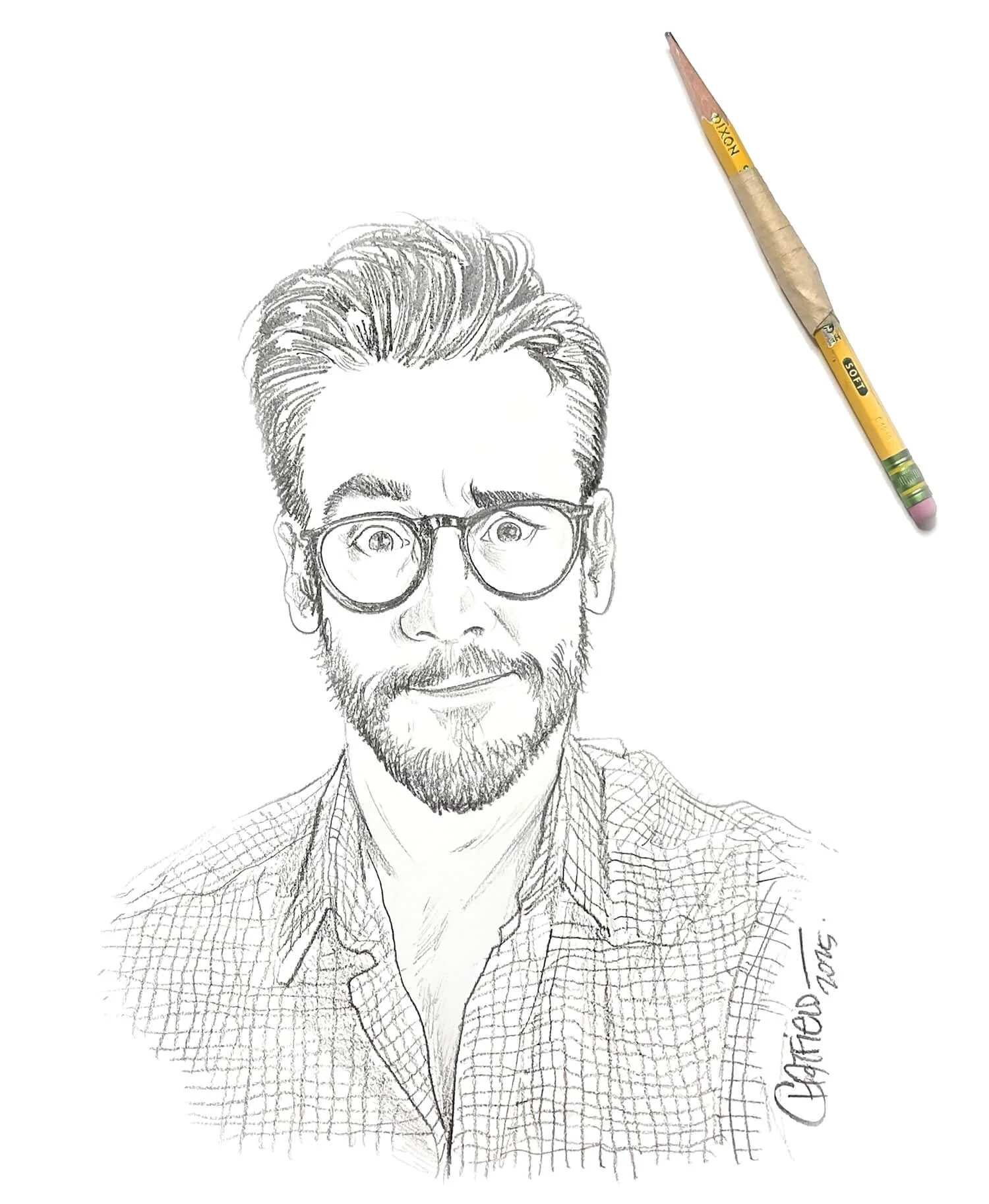 Jason Chatfield Cartoonist - Pencil portrait with pencil by his head