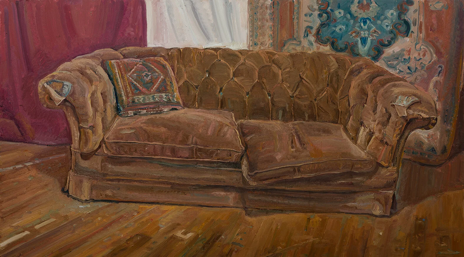 Brown couch and tapestry cushion Peter Wegner.jpg