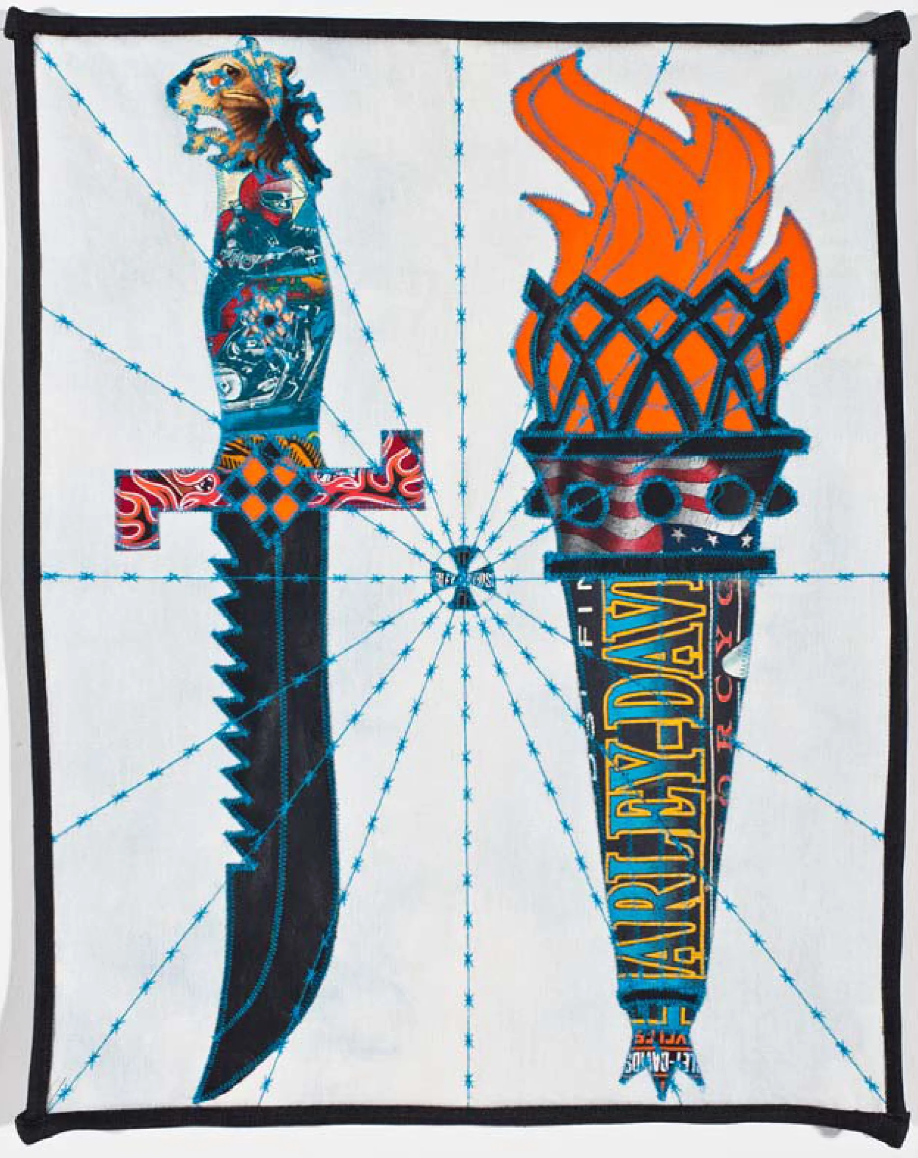 Ben Venom, I Carry the Flame , 2013,Harley Davidson t-shirts, leather, and denim, hand-made quilt, 15" x 19." Collection of Matt Gonzalez.