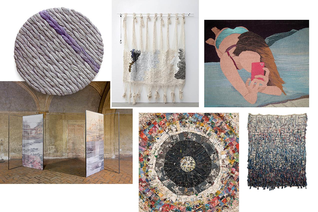 Clockwise from top left: A selection of fiber-based works by artists Sheila Hicks and Ann Cathrin November Høibo; ‘Nudes 9,’ one of Erin M. Riley’s selfie-inspired tapestries, made of wool and cotton; a work by Igshaan Adams; Graham Wilson’s ‘Tunnel Vision’ made with oil, twine and canvas; a work by Margo Wolowiec. Image courtesy of the WSJ.