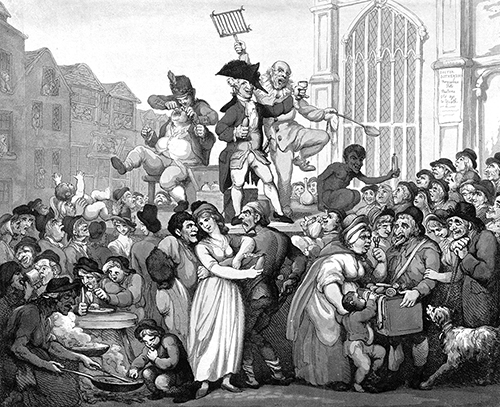 50-odd CRANK readers, or 50 odd CRANK readers? Also known as Doctor Botherum , an itinerant medicine vendor selling his wares on stage with the aid of assistants to a raucous crowd. Coloured etching by Thomas Rowlandson, 1800. From the Wellcome Library, no. 20582i.