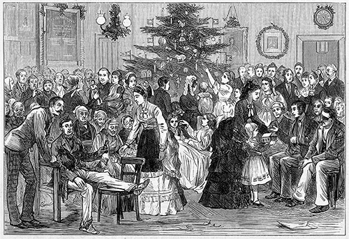 The Middlesex Hospital: a party in a ward, with a Christmas tree and other decorations. Note absence of baked beans and the inversely proportional degree of good cheer. Except for the man with the gammy leg. Wood engraving, 1874. V0013608 Credit: Wellcome Library, London, ICV No 13895.