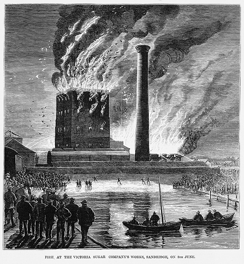 n case you needed further proof of how dangerous sugar can be, behold Fire at the Victoria Sugar Company’s works, Sandridge, on 8th June. Published by Ebenezer and David Syme, Melbourne, 12 July 1875. Wood engraving, State Library of Victoria, IAN12/07/75/100.