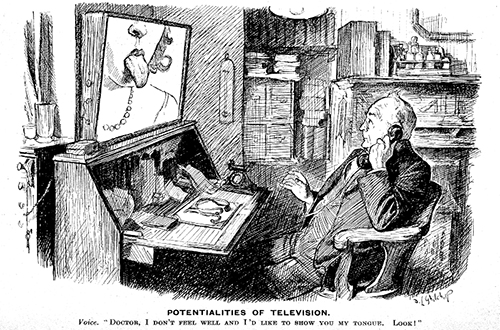 Alas this promising potentiality was abandoned after several serious misdiagnoses and many other transgressions, not all of which were entirely due to viewing patients at the incorrect aspect ratio. Reproduction of a drawing after D.L. Ghilchip, 1932. Plate to: Punch , 21 September 1932, p. 321. Wellcome Library, No. 15504i. 