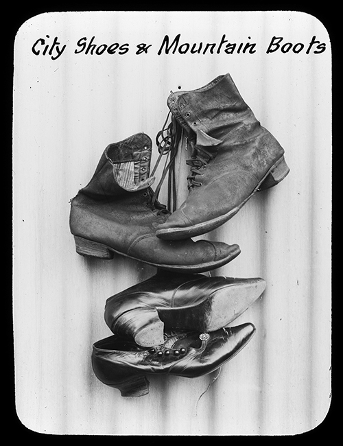 City shoes and mountain boots, Alice Manfield, c. 1900-1930. Glass lantern slide. Source: State Library of Victoria (H2000.92/10). Condition of aglets unknown.