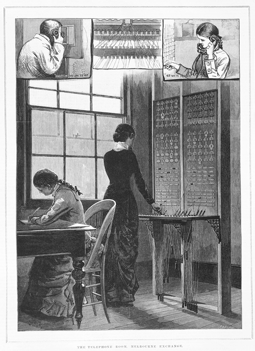 Telephonists of yore took great pleasure in misdirecting the calls of snobby maths teachers. The telephone room, Melbourne Exchange . Wood engraving by Julian Rossi Ashton 1851-1942. Published by Alfred May and Alfred Martin Ebsworth, Melbourne, January 29, 1881. State Library of Victoria, A/S29/01/81/37.