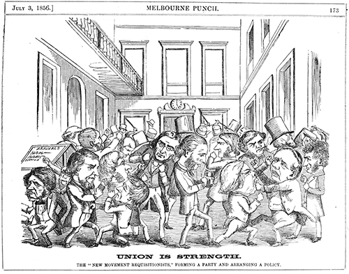 The Hunger Government would in no way resemble this amusing Punch illustration (fewer beards and top hats). Union is strength; the "new movement requisitionists," forming a party and arranging a policy . Printed and published by Edgar Ray and Frederick Sinnett, Melbourne, 1856. Wood engraving. State Library of Victoria, MP03/07/56/173.