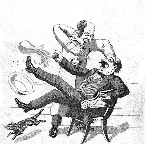 As phones were much larger in days of yore, removing them from orifices in which they had been lodged was a decidedly painful affair. Etching, c1910, Wellcome Library no. 39455i.