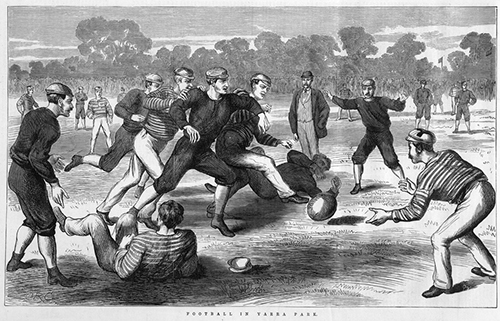 HOLDING ah ya one-eyed ref BALL BALL BALLLLLL (wood engraving, published 13 July 1874 in The Illustrated Australian News for Home Readers . State Library of Victoria, IAN13/07/74/113).