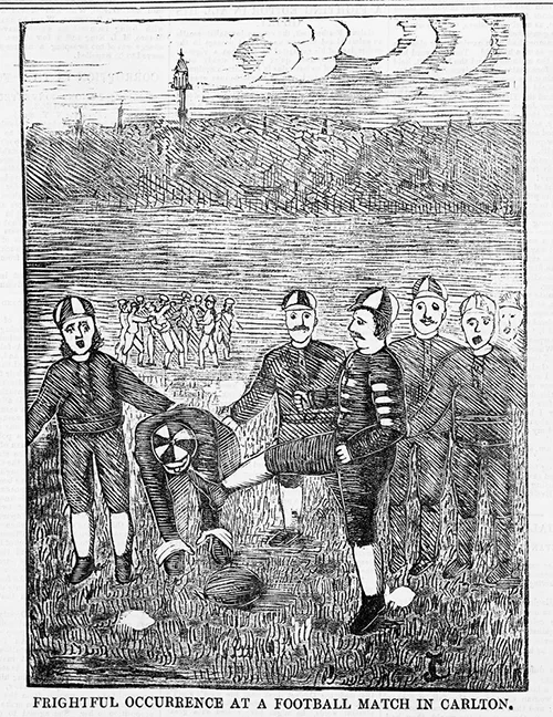 BOOOOO BOOOOO BOOOOO GET HIM OFF (Wood engraving. Shows Melbourne football player named Longden as he is kicked in the head by Carlton Imperial player. Police News , 5 August 1876. State Library of Victoria, PN05/08/76/00).