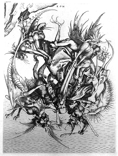 A classical music metadataist being tortured by devils for his crimes. St. Anthony is tormented by seven hell-born creatures; representing the temptation of St. Anthony . Reproduction of an engraving by Martin Schongauer. Wellcome Library no. 11660i.