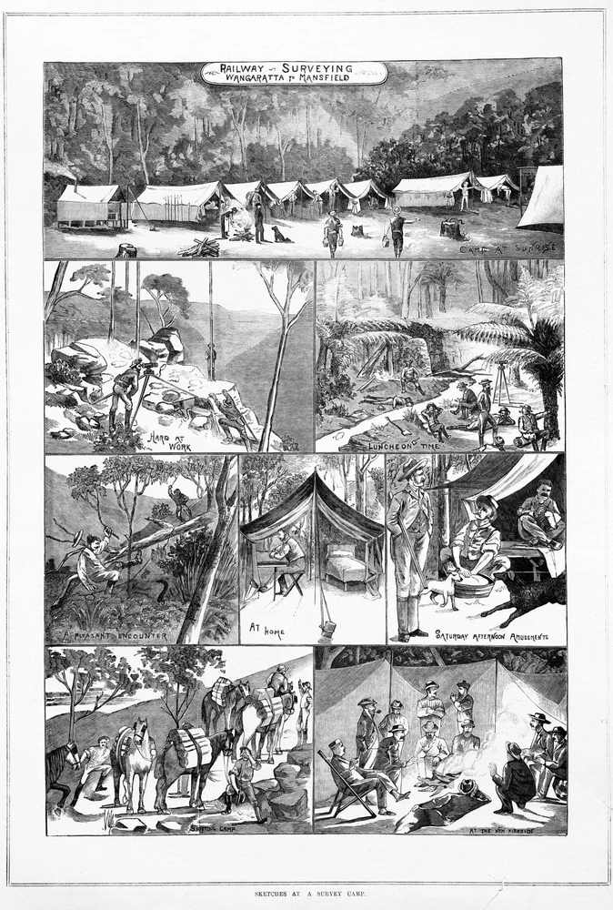 A lesser-known prequel to Anthony Aardvark goes quantity surveying, featuring "luncheon-time". Railway surveying Wangaratta to Mansfield , wood engraving, published by Alfred Martin Ebsworth, Melbourne, 1 November 1888. State Library of Victoria, A/S01/11/88/164.