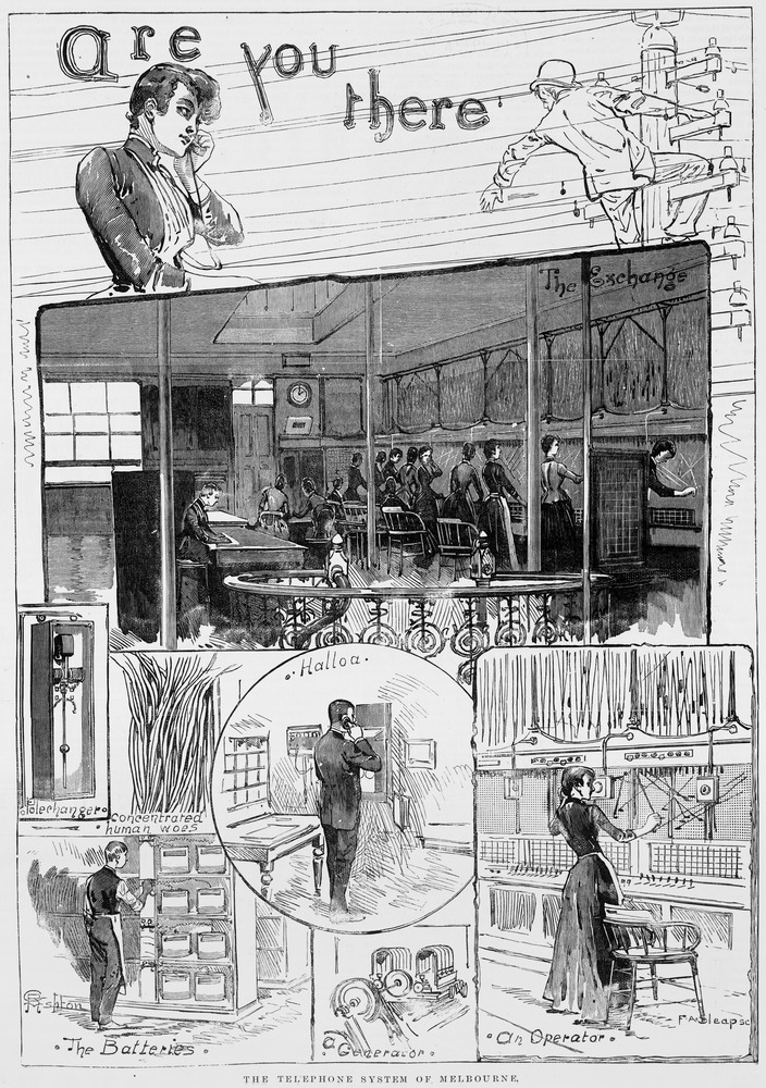 An early steampunk-themed storyboard for THE MATRIX. Neo (centre); Trinity (lower right); evil AI, tending human-powered battery pods (lower left); concentrated human woes, etc. The telephone system of Melbourne . Wood engraving, engraved by F A Sleap. Published 1 September, 1890, Melbourne, by David Syme & Co. State Library of Victoria, accession no. IAN01/09/90/8.