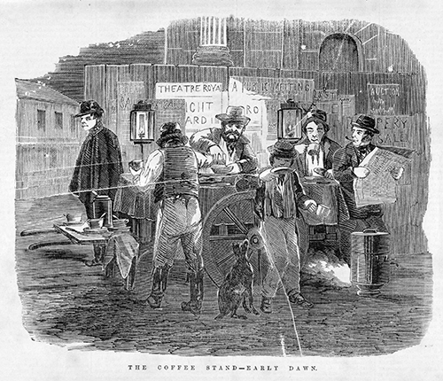 It is little known that the "pumpkin spice" phenomenon first came about as a Halloween "trick". This group of men declined to give the shifty gentleman on the left any candy (or a smoke) so in revenge, after distracting them with the cry "look at the red wagon!", he has slipped pumpkin spice into the coffee pot. This trick was considered even more heinous than putting dog poo in a paper bag, placing it outside the victim's front door, setting the bag alight, ringing the door bell and then running away. The coffee stand–early dawn . Wood engraving, published in The Australian news for home readers on 24 December 1863, by Ebenezer and David Syme, Melbourne. State Library of Victoria, IAN24/12/63/13.