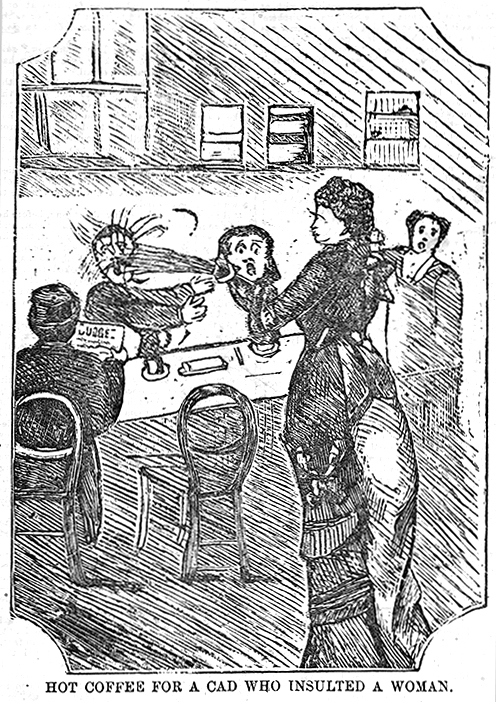 The only good use for a pumpkin spice latte (especially one from Tim Hortons). Note the bodiless head that has apparated above the hot coffee in question—another hazard of "seasonal menus". Hot coffee for a cad who insulted a woman . Wood engraving, published in Police News , 25 November 1876, by Richard Egan Lee, Melbourne. State Library of Victoria, PN25/11/76/00.