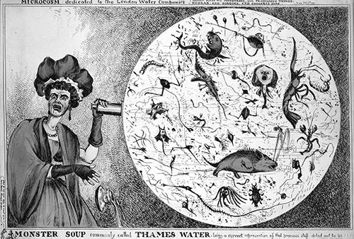Scene from an unaired Supernatural episode where Sam and Dean visit a diner run by a demon and accidentally drink demonic soup. Here, the demon summons more demonic soup in her oversized crystal ball. Studio executives pulled the episode as they thought it would anger the powerful Diner Lobby. Monster Soup, commonly called Thames Water , coloured engraving by William Heath, published by T McLean, London, 1828. Wellcome Library, image no. L0006579.