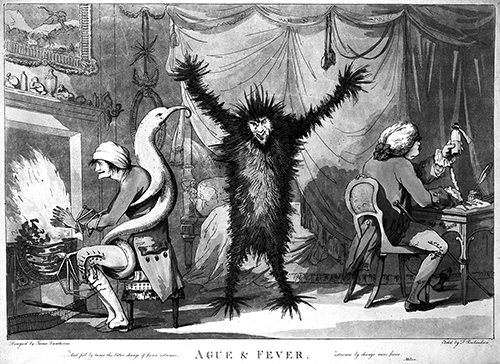 Scene from an unaired Supernatural episode where Sam and Dean trace a series of unexplained disappearances back to a local doctor's studio, where he has been keeping some demonic "pets" for medical experiments. Deceased patients were taken to a local pet food factory for disposal. Studio executives felt the episode could cause legal issues with Big Pet Food. Fever, represented as a frenzied beast, stands racked in the centre of a room, while a blue monster, representing ague, ensnares his victim by the fireside; a doctor writes prescriptions to the right . Coloured etching by T Rowlandson after J Dunthorne, 1788. Wellcome Library, image no. L0012192.