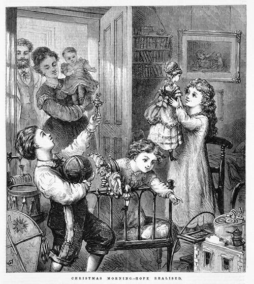 PRESENTS: THEY'RE IN THE BIBLE. 'Christmas morning—hope realised'. Wood engraving by E Evans (engraver) and N Chevalier (artist). Published in The illustrated Australian news for home readers , December 31, 1872 by Ebenezer and David Syme, Melbourne. State Library of Victoria, IAN31/12/72/SUPP/265.