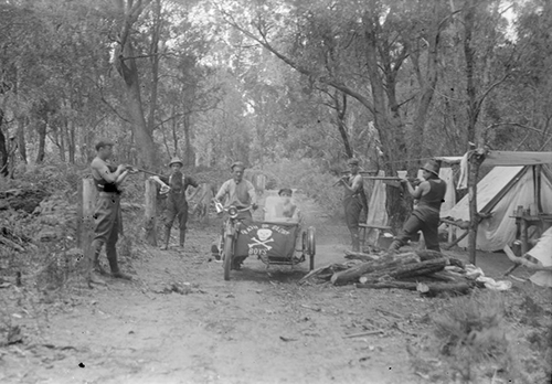 Let us all enjoy the larks the Death and Glory Boys were having at New Years in 1914 at Snobs Creek. Probably their bike doesn't have a crank vent but nevermind. Death or Glory Boys' at Snobs Creek New Year shooting party camp site, glass plate negative by Lindsay G. Cumming, ca December 1914. Lindsay G. Cumming Collection, State Library of Victoria, H2005.88/442.