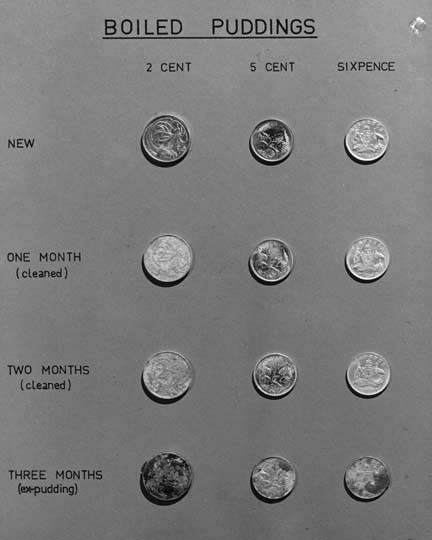 Scientific demonstration of the effects of Christmas pudding on the new decimal coins , 1966, from the National Archives of Australia . It is a sad state of affairs when we can no longer describe items as being "ex-pudding".