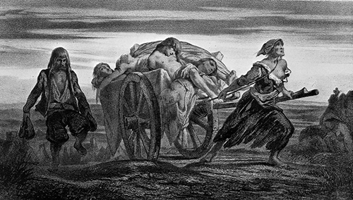 Workers removing the dead from the concert hall after a performance of Handel's Messiah . One concert-goer appears to have gnawed off his own arm during the performace, before succumbing to despair and hopelessness. I am not sure why the the person pulling the cart is flashing a boob. A cart of plague victims at Elliant drawn by a woman in rags . Lithograph by Louis Duveau, after Moynet. Wellcome Library, London, image number L0004076.