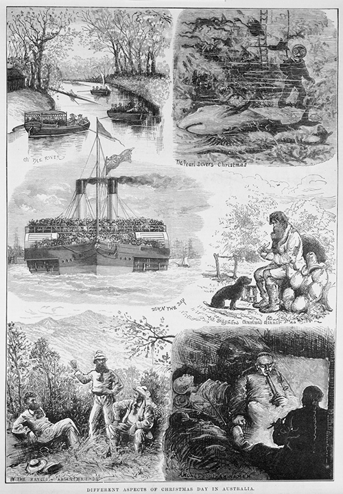 More Australian Christmas traditions: boat-racing, shark-watching, ferry-cramming competitions, telling stories to the dog, pointing at hills (NB pipes are forbidden during Total Fire Bans), festive opium-smoking. 'Different aspects of christmas day in Australia', wood engraving, published in the Australasian sketcher , December 25, 1875 in Melbourne by Hugh George for Wilson and MacKinnon. State Library of Victoria, A/S25/12/75/149 