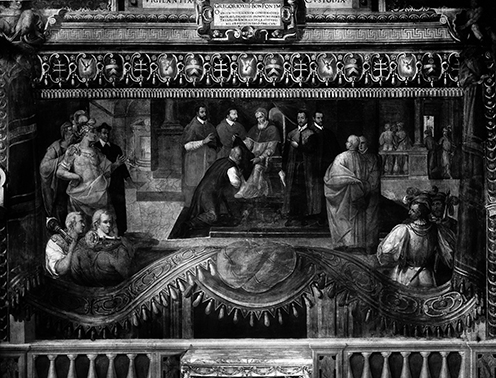 Pope Greg XIII, up to no good I'll wager. Ospedale Santo Spirito in Sassia, Rome , published by Ditta Vasari Fotografo Editore. Said to be a fresco in the great hall of the Banco Santo Spirito in Rome, featuring Pope Gregary XIII. Wellcome Library, London, image number V0030917.