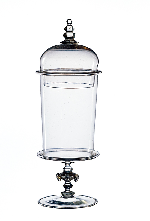 Figure 3 (opposite): Reliquary jar , 17th century, from Venice, Italy. Glass with applied decoration. Measurements: 23.5 × 8.6 cm diameter (overall). Catalogue number 90.a-b-D1R. Image kindly provided by the National Gallery of Victoria, Melbourne. Purchased, 1871.