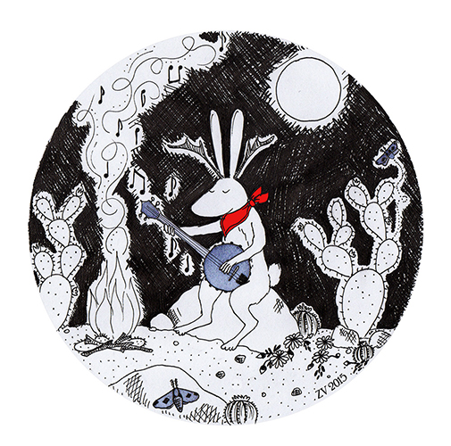 I drew this from a description Wheeler gave me, he calls it a jackalope. He says it is like a jackrabbit with the horns of an antelope. The banjo is a fancy of mine, of course, tho’ they are know to sing and mimic the voices of men sitting around a campfire. 