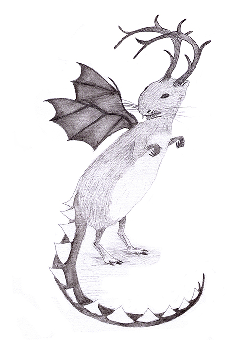 …the Himalayan skvadar reminded me of another creature I saw, when I was hiding in that soggy ditch after my escape from Fürstenberg, half-drowned and stung all over with nettles. Called the wolpetinger , or the raurakl , in Austria—like a squirrel with antlers and fangs and wings. It emerged suddenly from the reeds; I thought it would bite my nose and give me away, but then that soldier came close and it fled. Dürer drew something similar though again his specimen had the wings of a bird. I wonder how many variants there are?