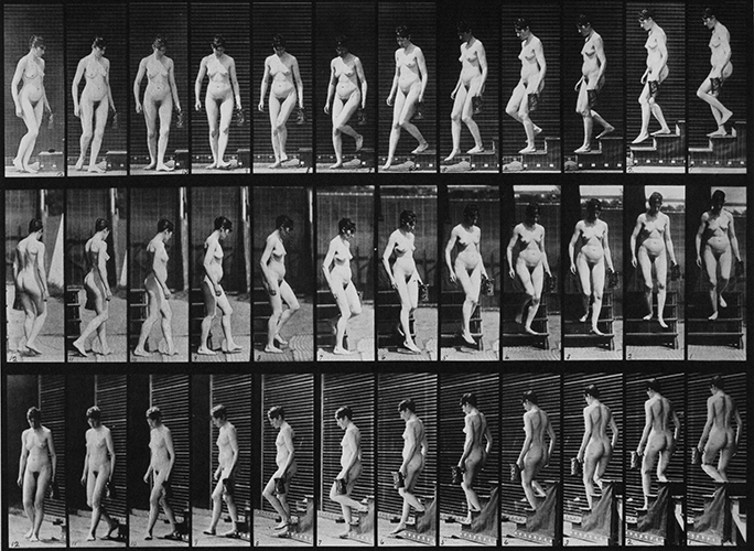 'Descending stairs and turning with a pitcher in left hand' by Eadweard Muybridge. Plate 138 in A nimal locomotion: an electro-photographic investigation of consecutive phases of animal movements , 1887, and published under the auspices of the University of Pennsylvania. This image sourced from Wikimedia Commons and the University of Southern California Digital Library , 2010.