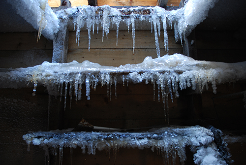 Mawson’s Cubicle, Cape Dennison, December 2007. Warm air in the skylight above melts snow and ice, which drips and forms ice stalactites in the cold air below.