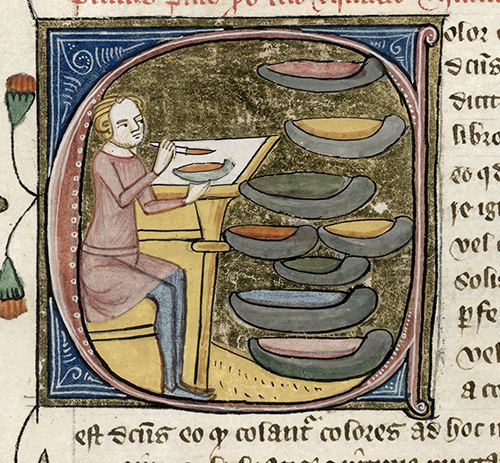 An artist mixes his colours, preparing to decorate a manuscript. London, British Library. Royal 6 E. VI, f. 329.