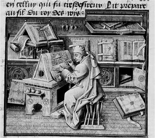 Jean de Miélot (d. 1472), canon, secretary and scribe. Paris, Bibliothèque Nationale, Ms. Fr. 9198, f. 19