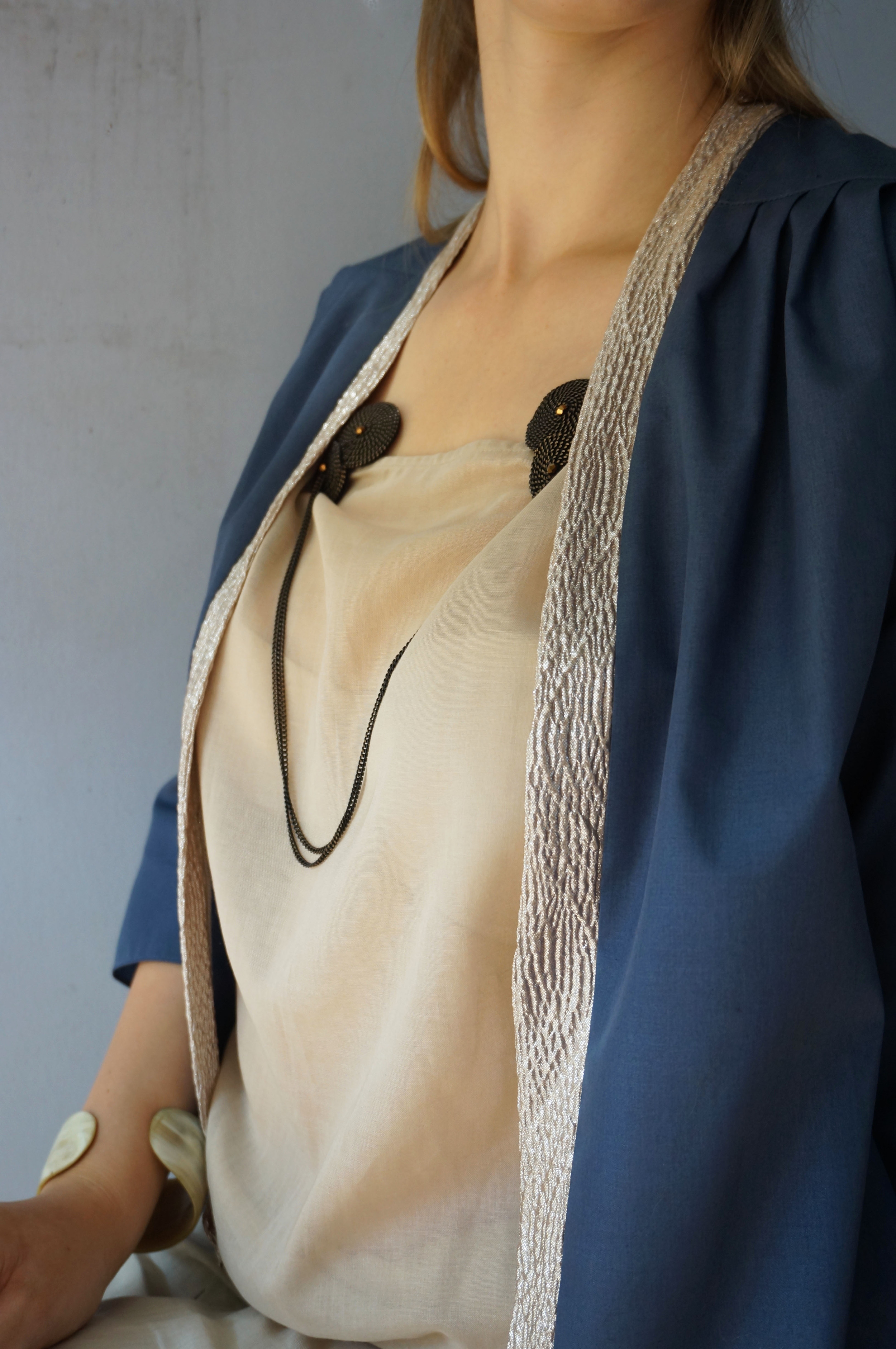 PHI JACKET - blue grey cotton upcycled gold collar -&nbsp;KIMONO TOP cream cotton, upcycled stitched patchwork belt 