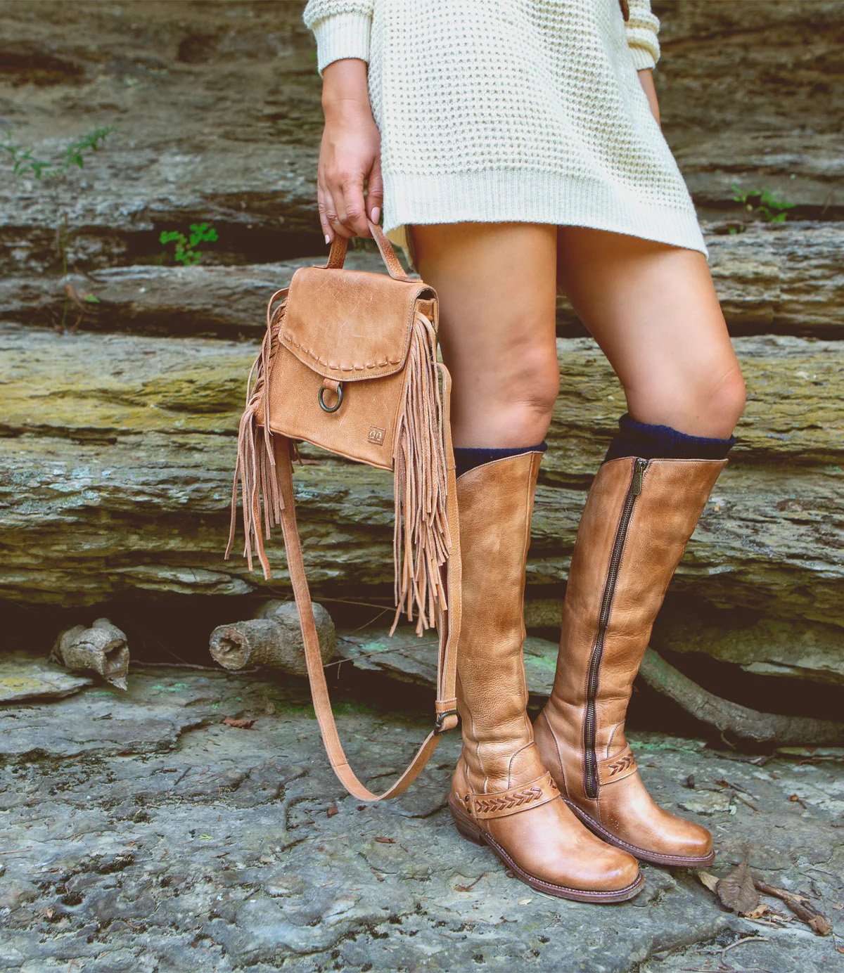 The hidden fringe crossbody handbag in tan rustic leather by Bed Stu