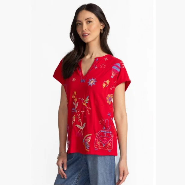Easy paneled v-neck tee by Johnny Was in racing red color