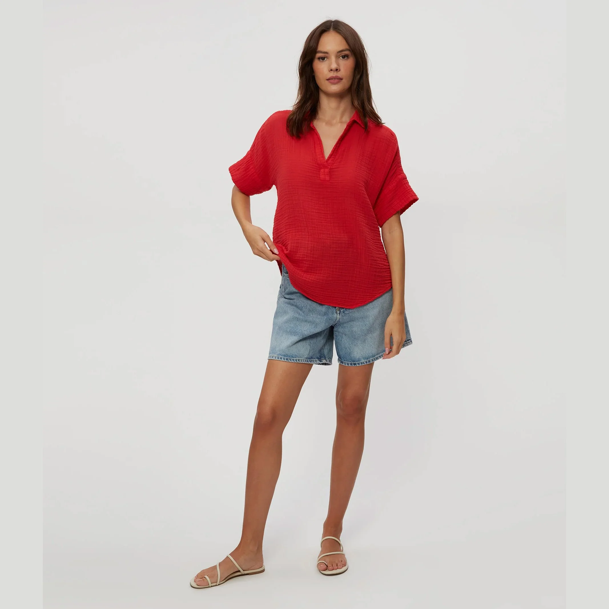 The gigi gauze popover top by Michael Stars clothing company, in rumba red color, front view