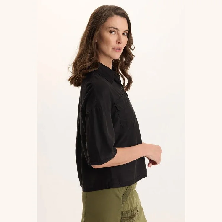 The tage soft twill snap-up top in black by XCVI