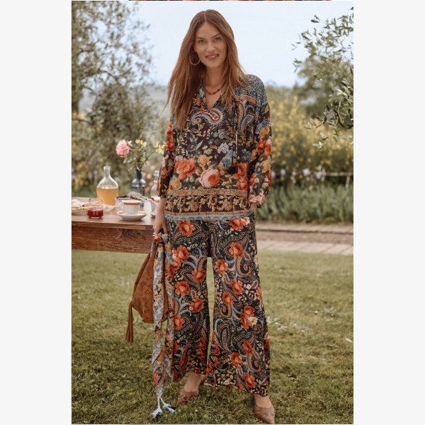 The axelle wide leg silk pant by Johnny Was in dolores/leto print