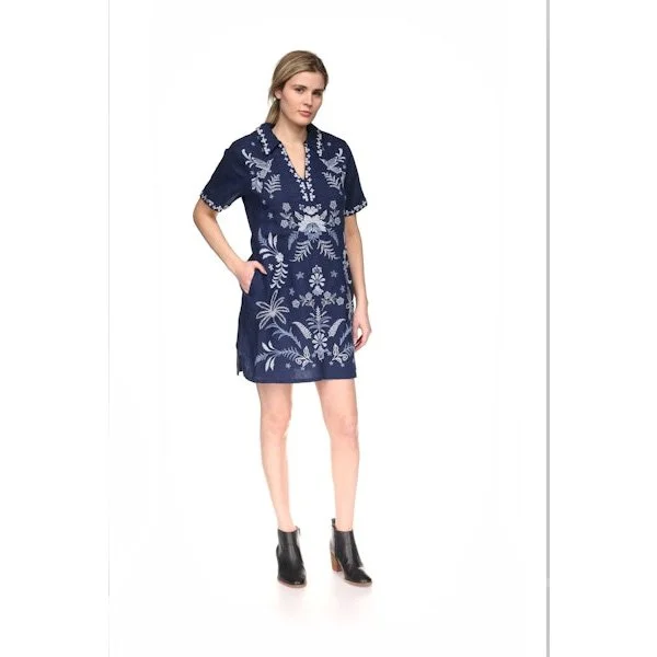 Johnny Was - winona linen henley collared dress - blue night