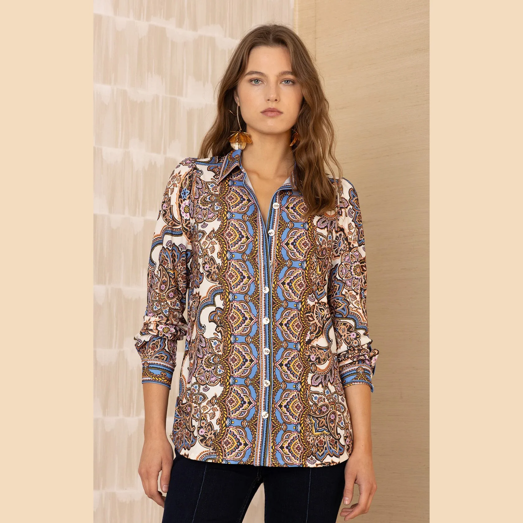 The brynleigh long sleeve button-up jersey top in ivory by Hale Bob