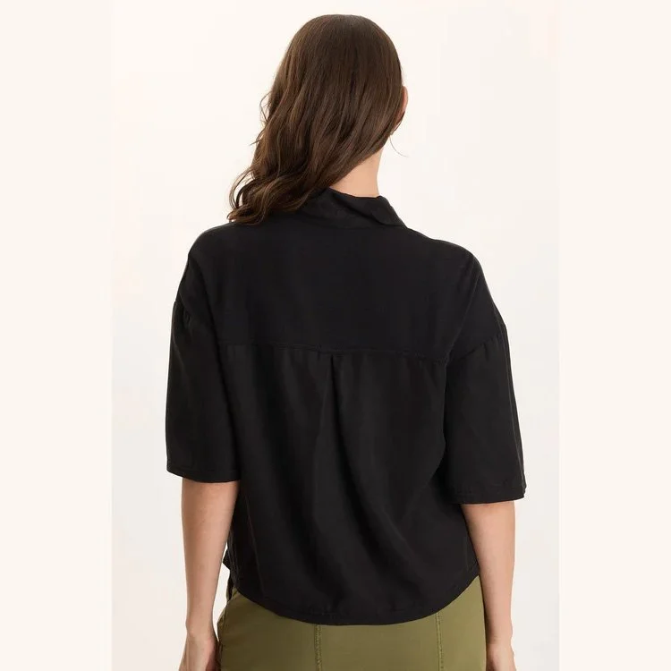 The tage soft twill snap-up top in black by XCVI
