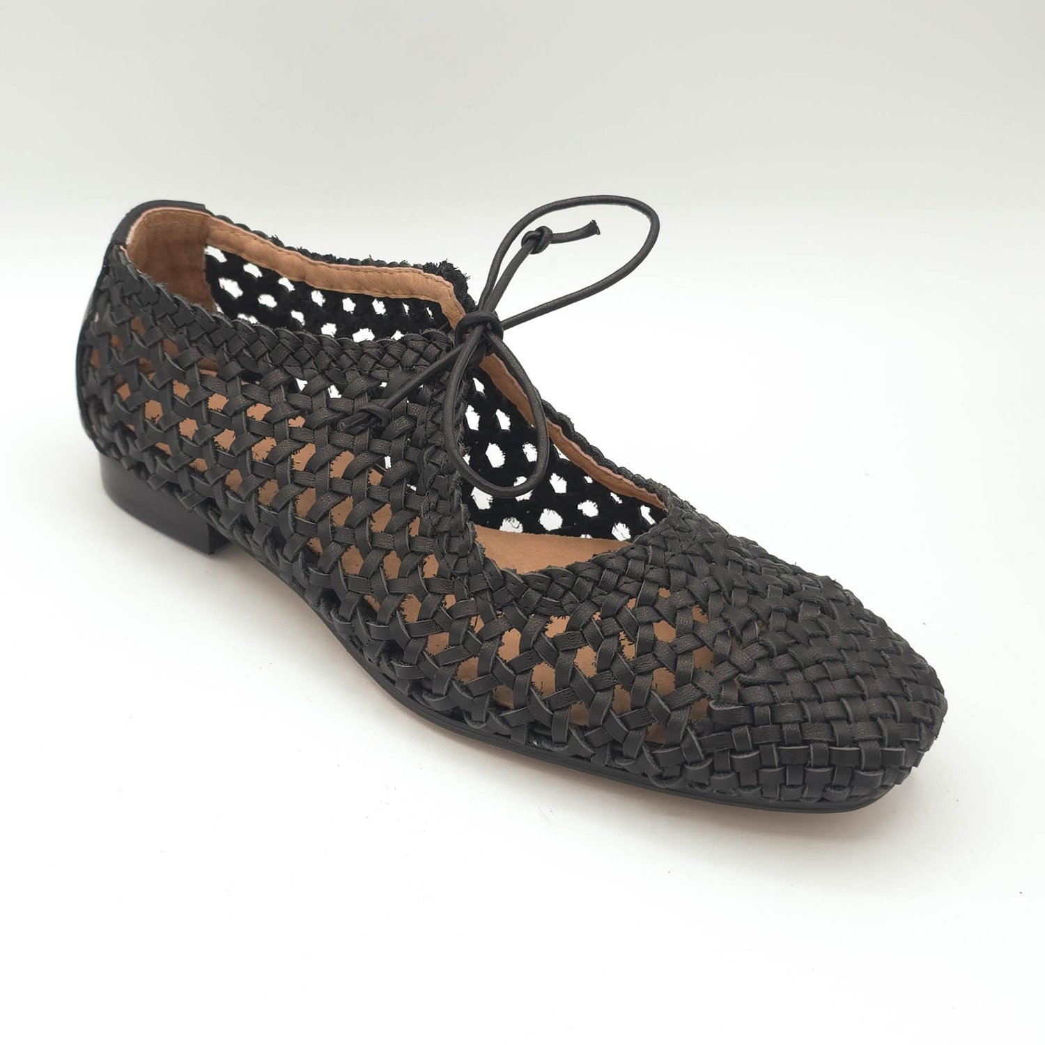 All Black Tie Lady Flat | Woven Leather Lace-Up Flat Black / 38 All Black Tie Lady Flat | Woven Leather Lace-Up Flat Black / 38