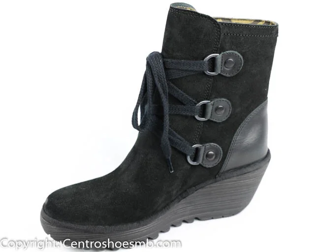 Fly London Yesi Wedge Boot-Black Suede — Centro Shoes, Inc.