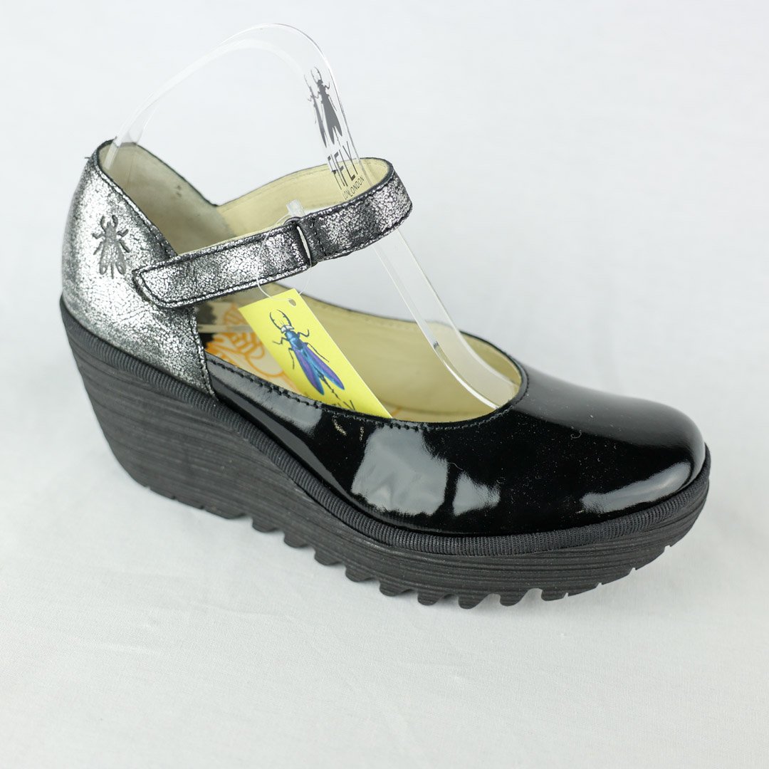 Fly London platform wedge-black/silver — Centro Shoes, Inc.