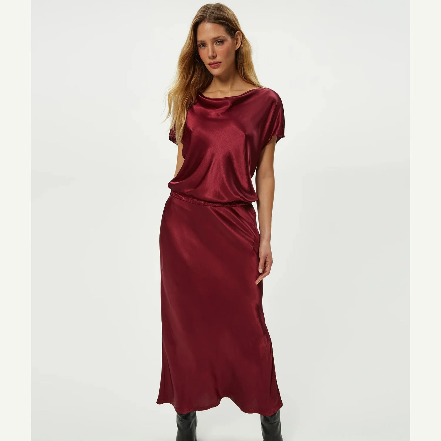 satin midi dress short sleeve Sylvie Satin Short Sleeve Tulip Midi Dress