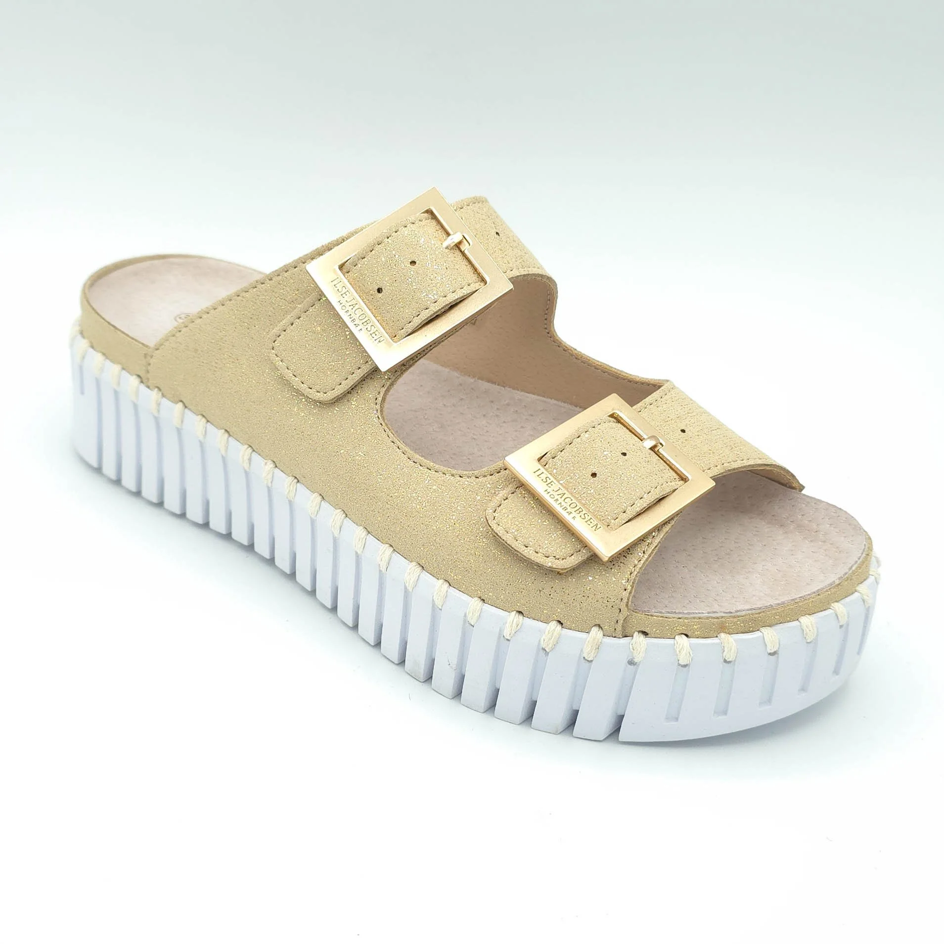 Tulip double buckle sandal by Ilse Jacobsen in platinum color